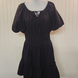 JCrew Women Black Cinched Waist Puff Sleeve Mini Dress Size M Boho Chic Peasant